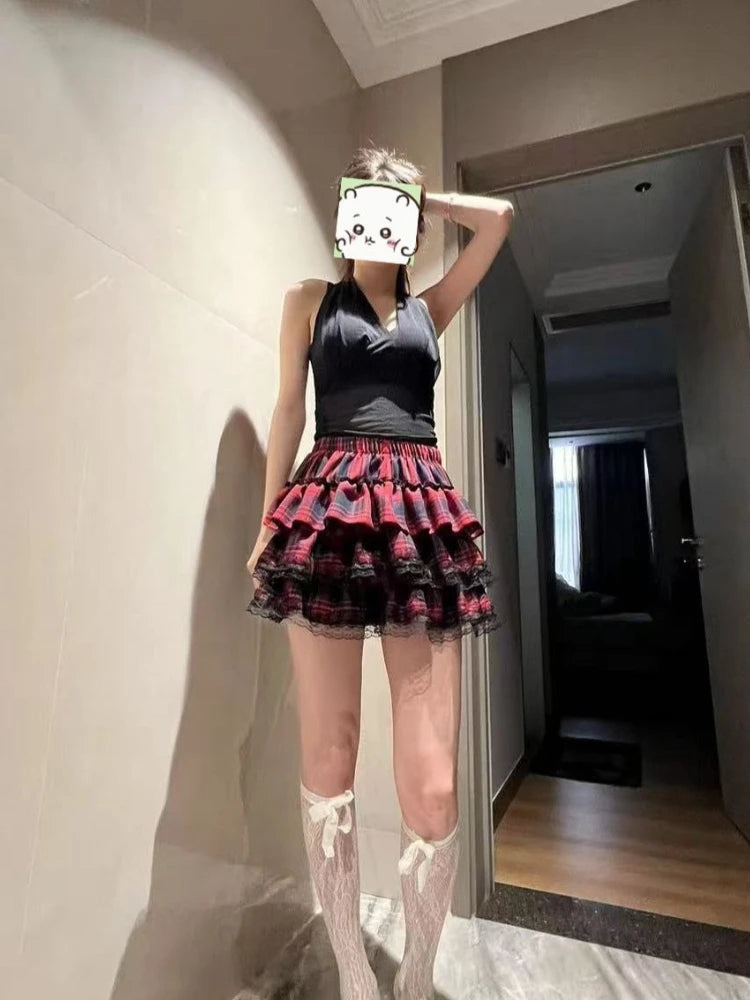 High Street Vintage Lace New Cake Skirts Women Subculture Gothic Y2k High-waist Red Plaid Skirt Female Design Hot Girl Outfits TechVisio