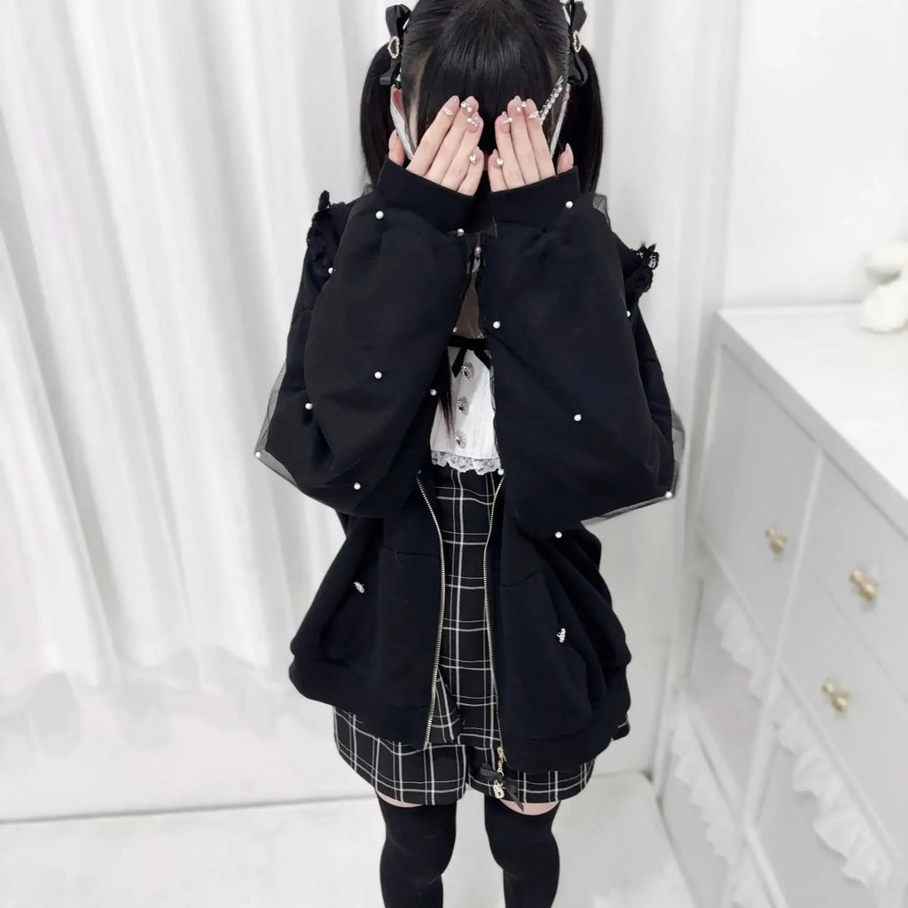 Japanese Pearl Gauze Patchwork Coats Women Y2k Aesthetic Lace Rabbit's Ears Jackets Casual Oversized Harajuku Kawaii Hoodies Top TechVisio