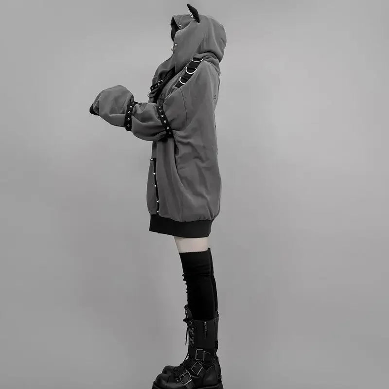 Y2K Women's Zip-Up Hooded Sweatshirt Streetwear Punk Rivet Design Casual Fashion Jacket TechVisio