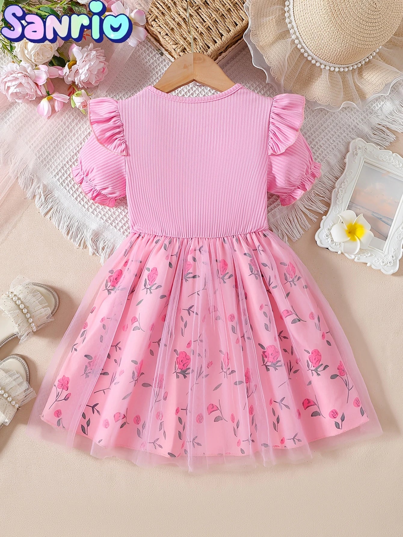 My Melody Kids Dress, Sanrio Licensed Cartoon Printed Girls' Dress with Rose Tulle TechVisio