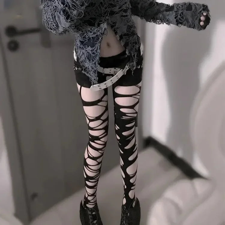 Punk Hollow Fishnet Stockings for Women Spider Web Torn Strap Holes Tights Girls Lolita Ragged Pantyhose Party Socks Pantyhose TechVisio