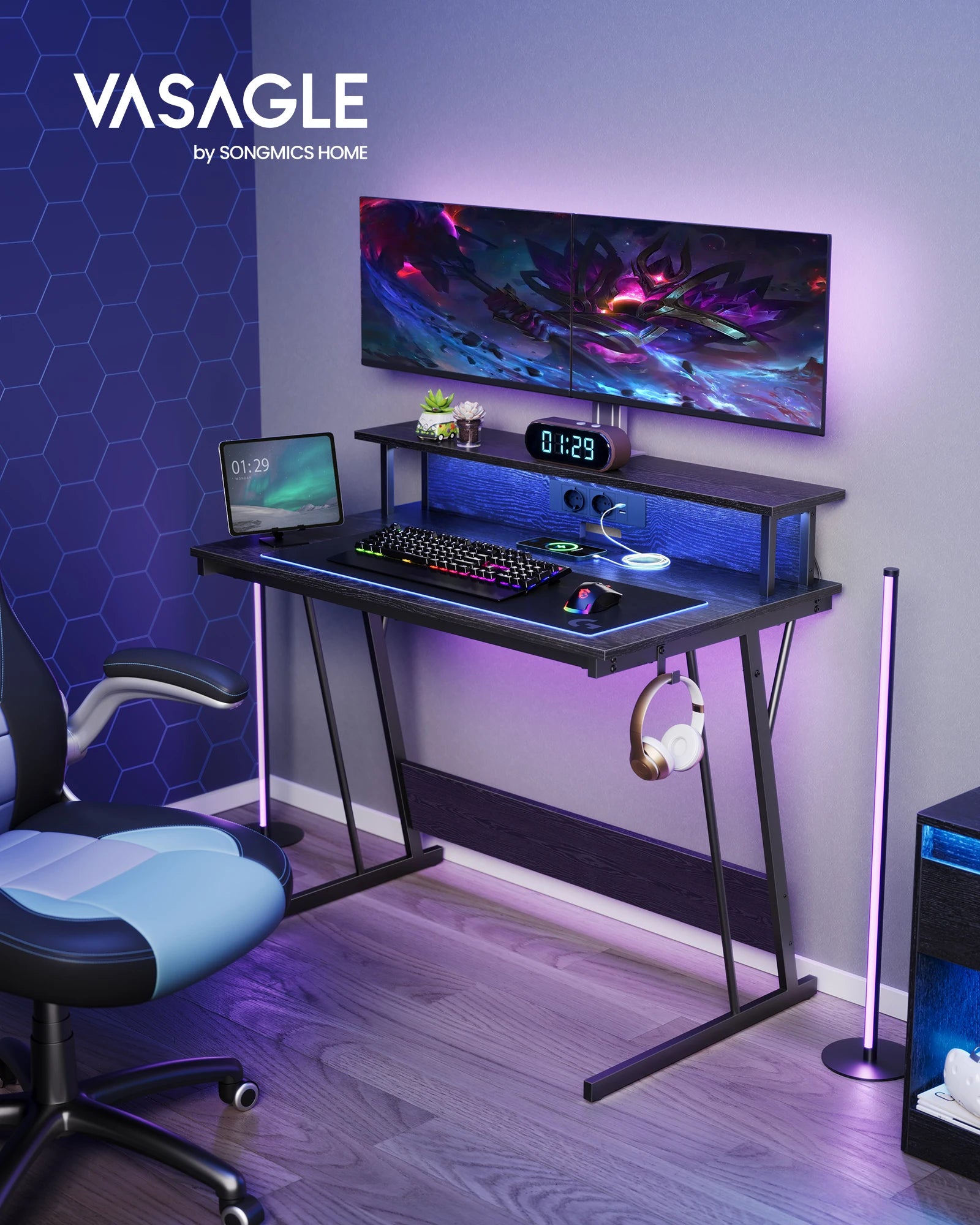 VASAGLE – Bureau Gaming LED RGB Multiprise USB 100x60cm