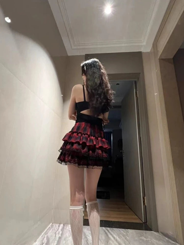 High Street Vintage Lace New Cake Skirts Women Subculture Gothic Y2k High-waist Red Plaid Skirt Female Design Hot Girl Outfits TechVisio