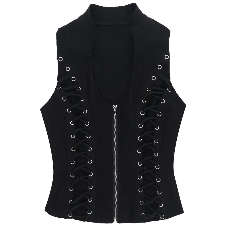 Goth Dark Punk Sleeveless Corn Bandage Tanks Top Women Chic Streetwear Slim Zip Vest Mall Gothic Techwear Summer Fashion T-shirt TechVisio