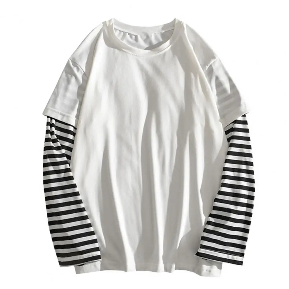 Fake Two Piece Long Sleeve T-shirt Men European And American Round Neck Striped Casual Long Sleeved T-shirt Breathable Men Tee TechVisio