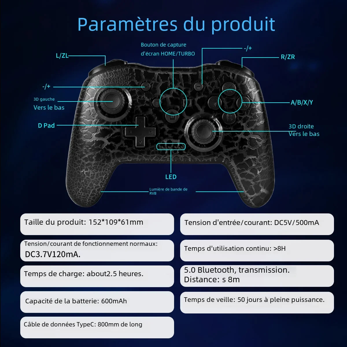 GAMINJA NS015 Wireless Controller – RGB Crack | Gyroscope | Switch PC PS3