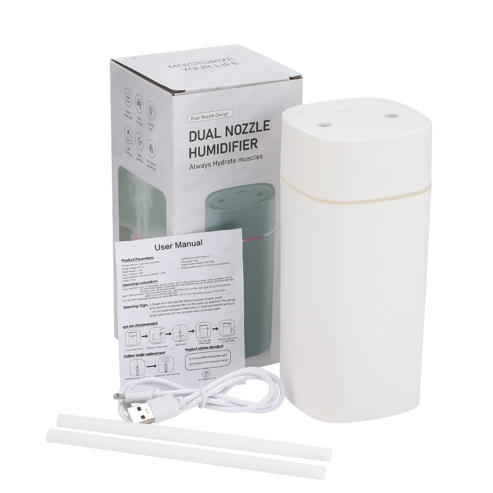 Humidificateur Double Buse 600ml – LED, Aromathérapie, 6-12h, USB