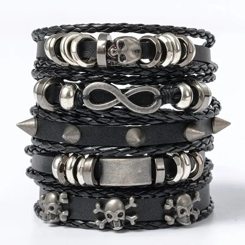 Set 5 Bracelets Punk Cuir Tressés – Style Vintage Unisexe