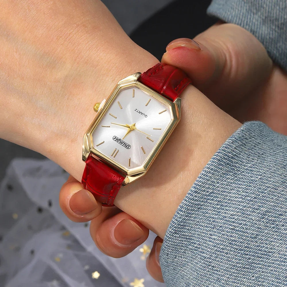 Luxury Women's Watches Elegant Womens Quartz Watch Analog Red PU Leather Designer Square Dial Wrist Watch Ideal Choice for Gifts TechVisio