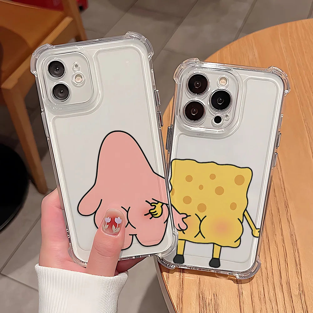 Cute S-SpongeBobs Couple Phone Case For IPhone 16e 16 15 14 13 12 11 Mini Pro Max X XR XSMax 8 Plus Anti Fall Transparent Cover TechVisio
