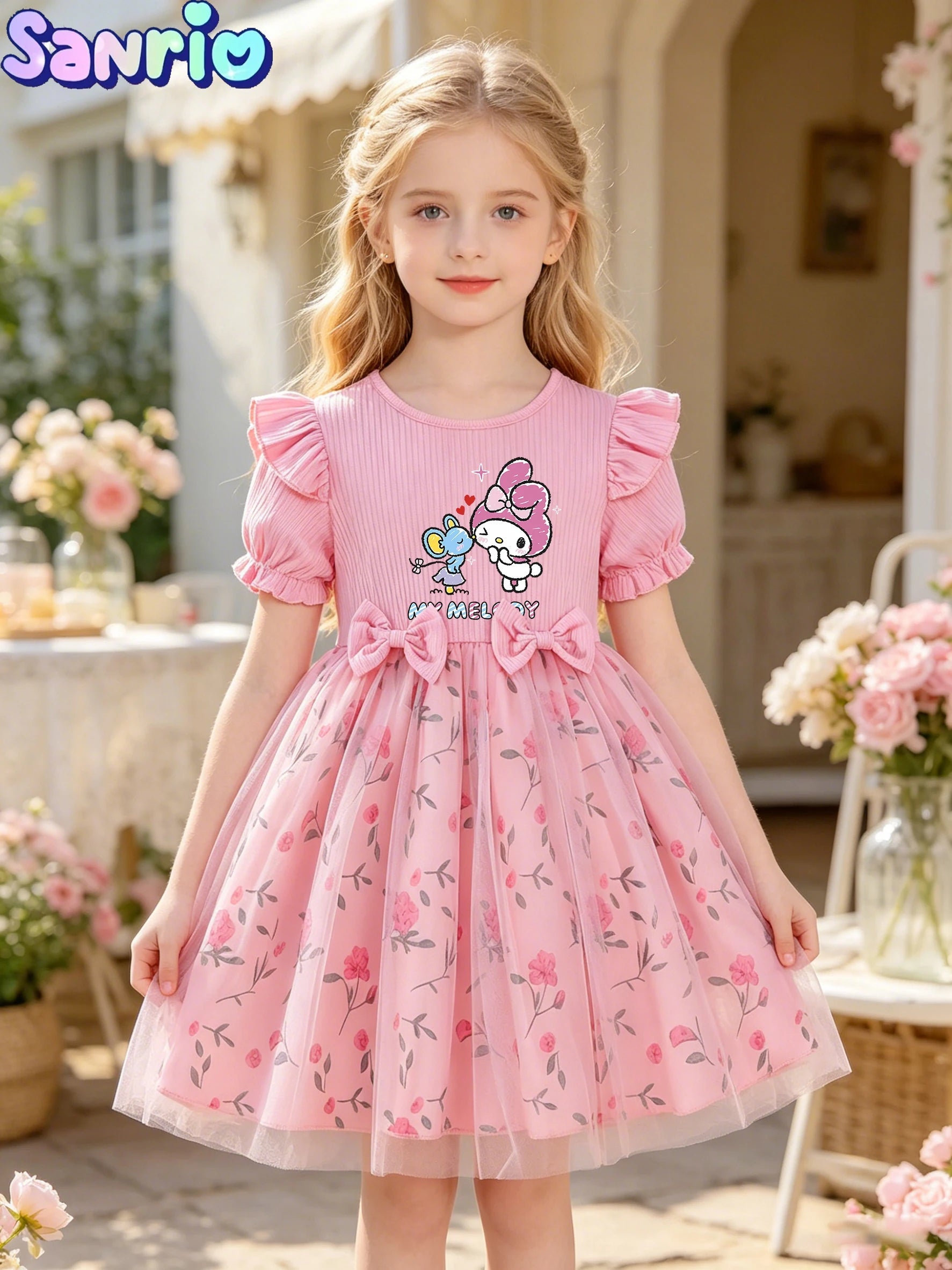 My Melody Kids Dress, Sanrio Licensed Cartoon Printed Girls' Dress with Rose Tulle TechVisio