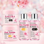 4-Piece Day & Night Skincare Set: Pink Peptide Vitamin C Day Cream + Sakura Retinol Night Cream & Essence for Hydration, Firmnes TechVisio