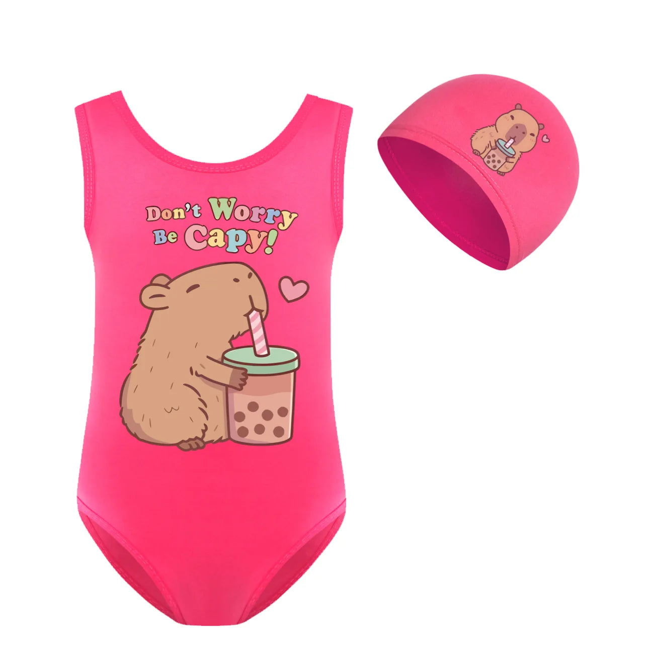 Cute Capybara Loves Bubble Tea Clothes Kids Summer Swimwear Baby Girls Once Piece Swimsuit & Cap Children Vacation Bikini suits TechVisio