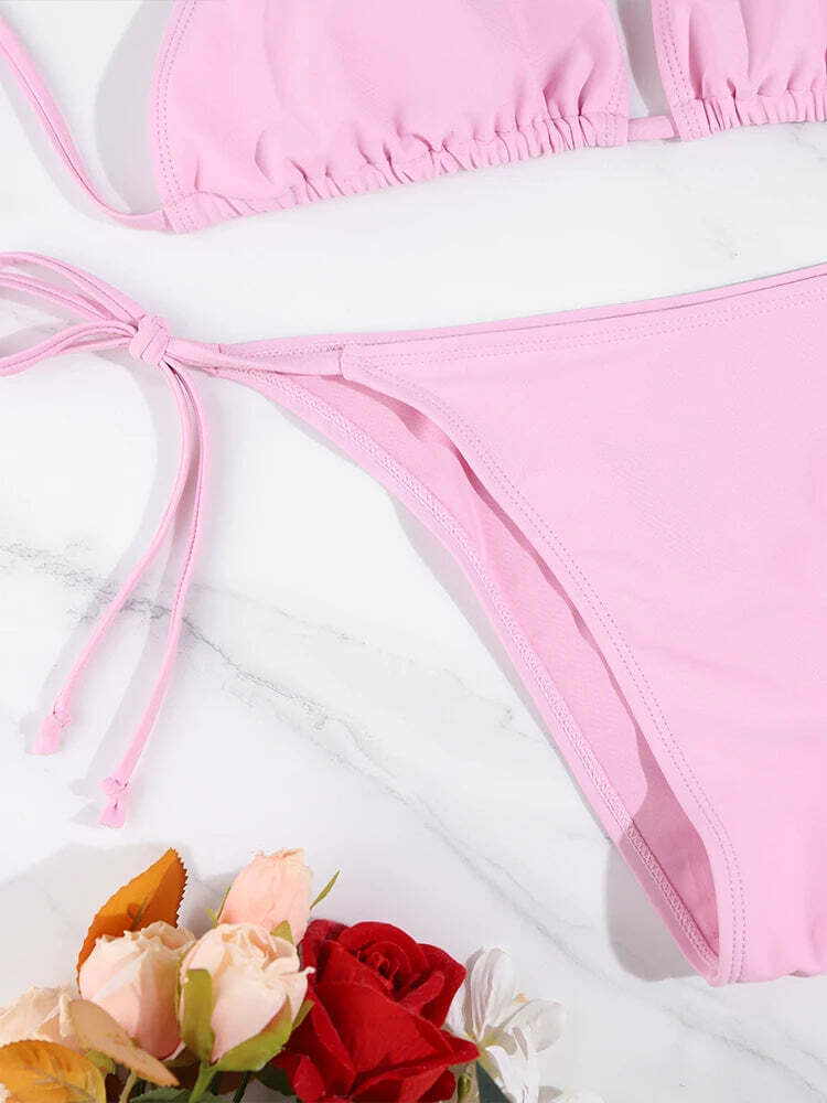 2 Pc Sexy Women Thong Solid Color Bikini Set Side Halter Tie Swimsuit Ladies Split Strap Adjustable Brazilian Swimwear Beachwear TechVisio