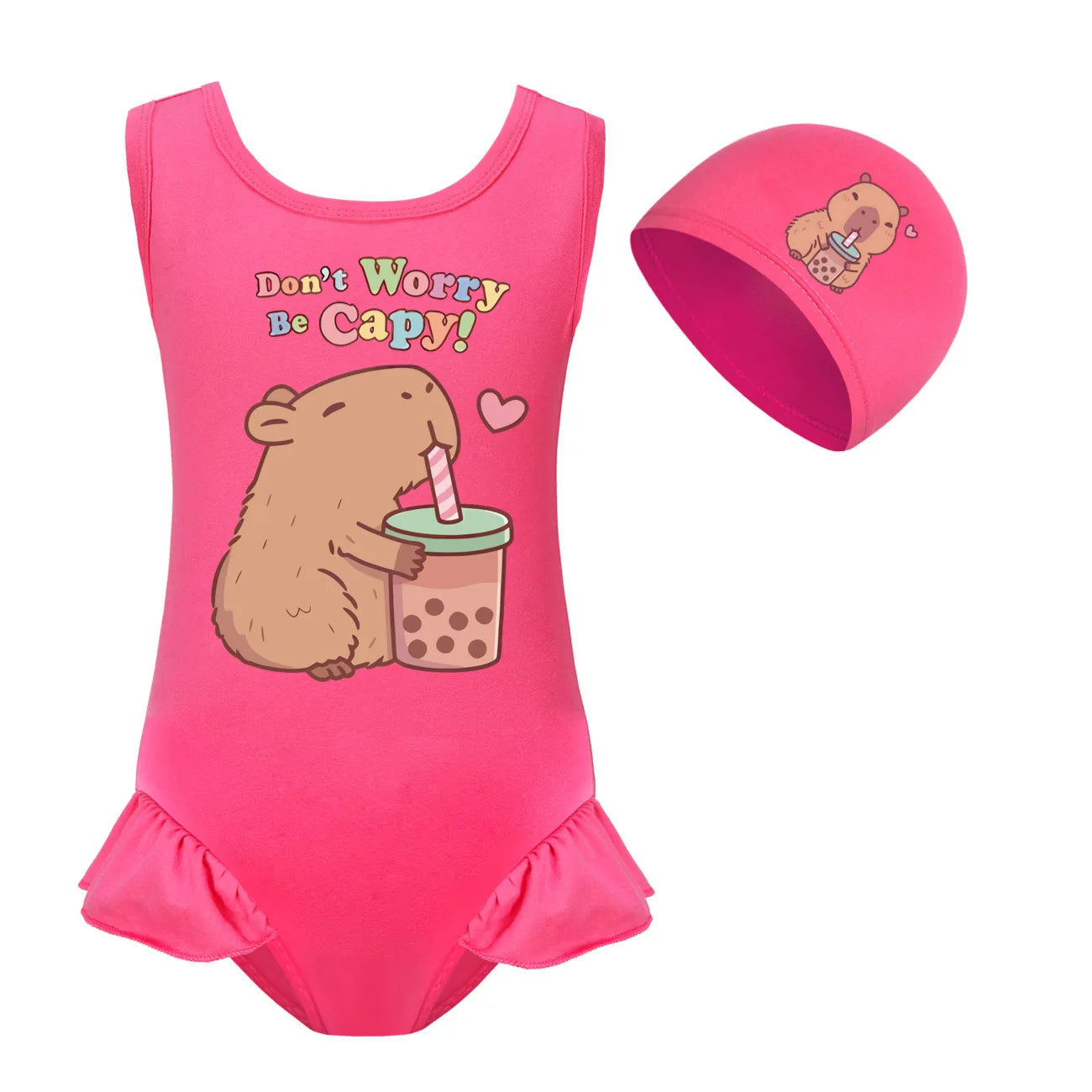 Cute Capybara Loves Bubble Tea Clothes Kids Summer Swimwear Baby Girls Once Piece Swimsuit & Cap Children Vacation Bikini suits TechVisio