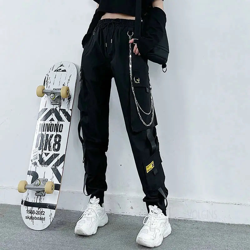 Streetwear Spring Summer Cargo Pants Women Harajuku Slim Punk Ribbons Joggers Elastic Waist Ankle-Length Trousers For Girls TechVisio