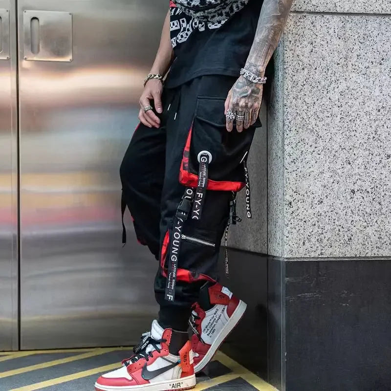 Classic Streetwear Hip Hop Joggers Men Letter Ribbons Cargo Pants Pockets Track Tactical Casual Male Trousers Sweatpant KZ99 TechVisio