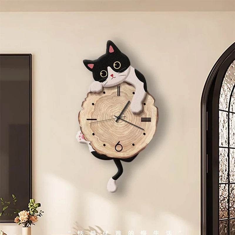 Cartoon Cat Wall Clock Creative Cat Tail Swing Wall Clock Quartz Mute Wall Clock Home Decoration Living Room Bedroom Decoration TechVisio