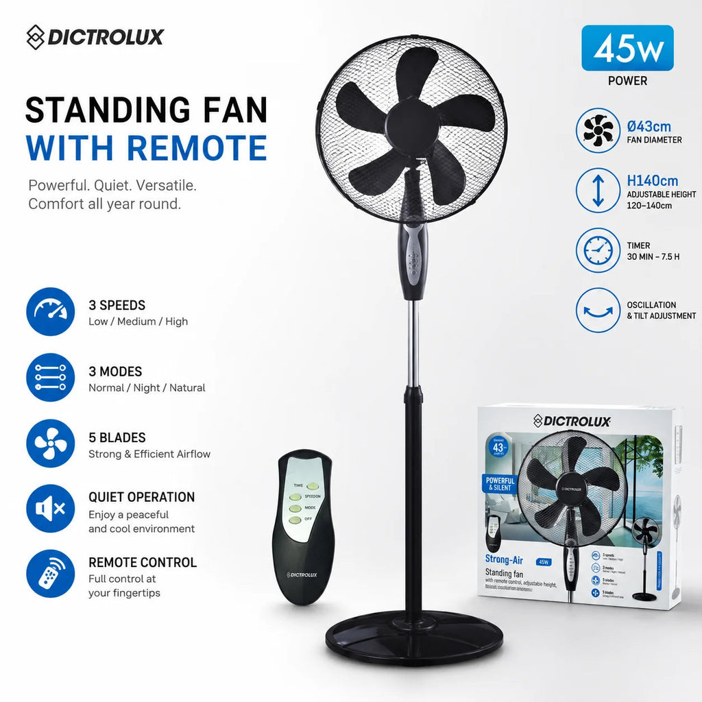 45W Standing Fan with Remote Control 43cm 5 Blades Floor Fan 3 Speeds 3 Modes Timer Oscillation Adjustable Height TechVisio
