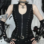 Goth Dark Punk Sleeveless Corn Bandage Tanks Top Women Chic Streetwear Slim Zip Vest Mall Gothic Techwear Summer Fashion T-shirt TechVisio