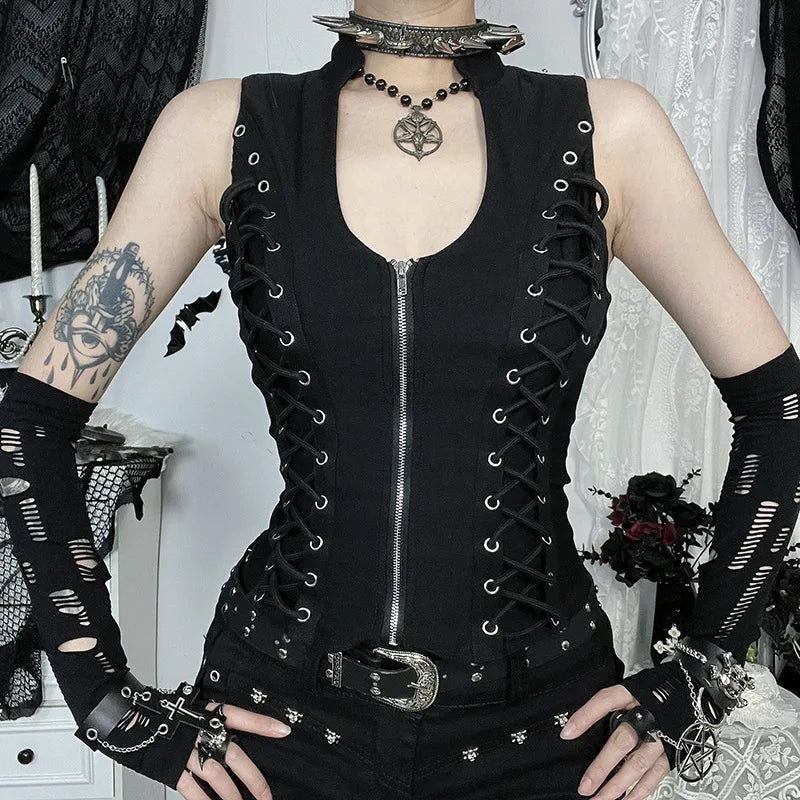 Goth Dark Punk Sleeveless Corn Bandage Tanks Top Women Chic Streetwear Slim Zip Vest Mall Gothic Techwear Summer Fashion T-shirt TechVisio