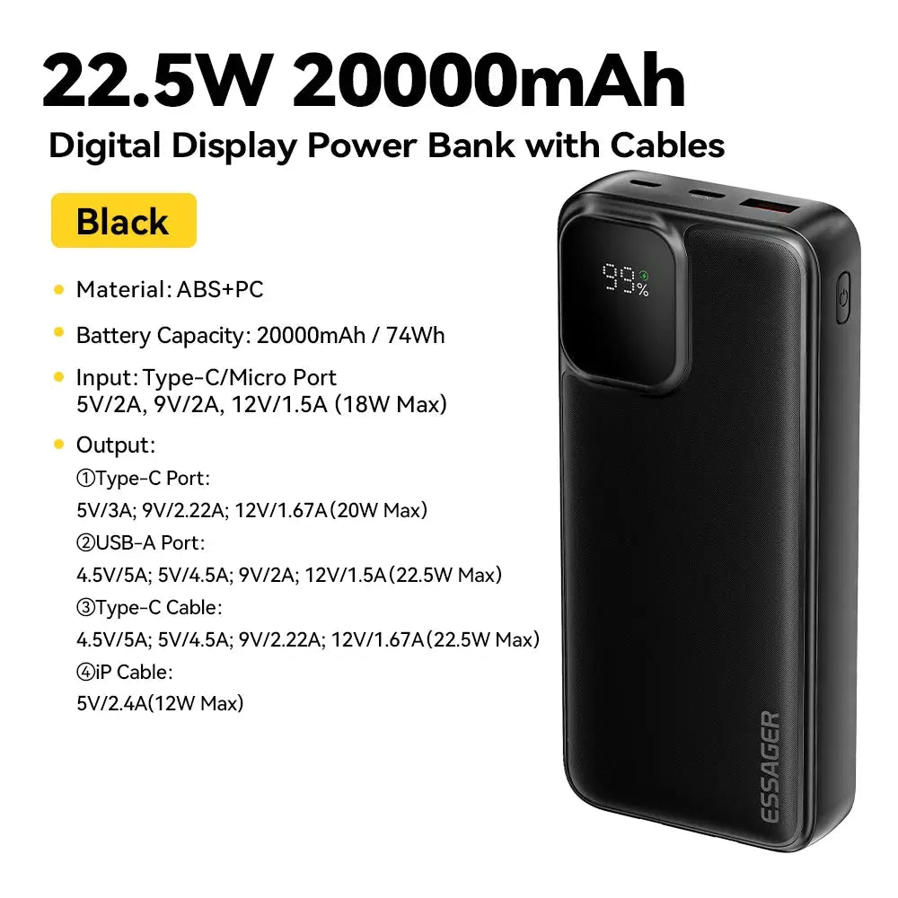 Batterie Externe ESSAGER – 10/20 000mAh | Câbles Intégrés | 22,5W TechVisio