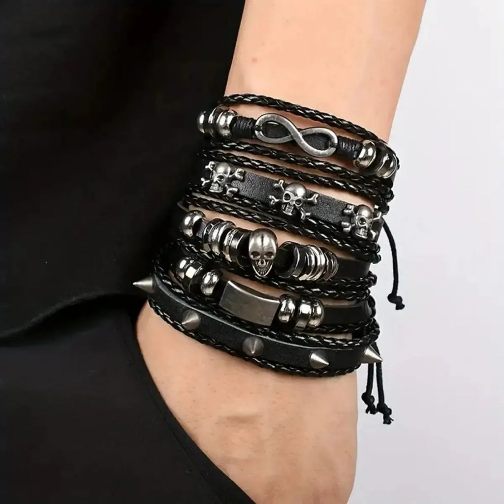 Set 5 Bracelets Punk Cuir Tressés – Style Vintage Unisexe