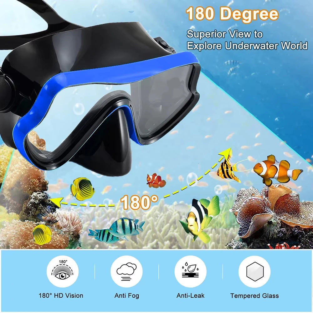 Mask Snorkel Fin Set Panoramic View Snorkel Mask Adjustable Dive Flipper Dry Top Snorkel and Travel Bag Snorkel Gear for Adults TechVisio