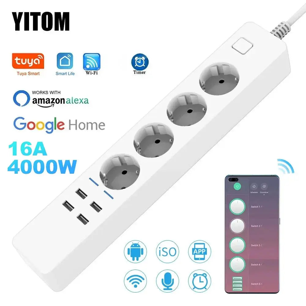 Multiprise Connectée WiFi YITOM – 4 Prises EU + 4 USB | Alexa Google Home TechVisio