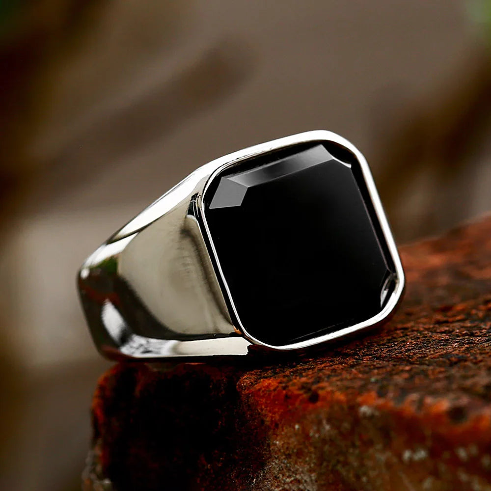 Bague Acier Inoxydable Zircon & Agate Noire – Unisexe