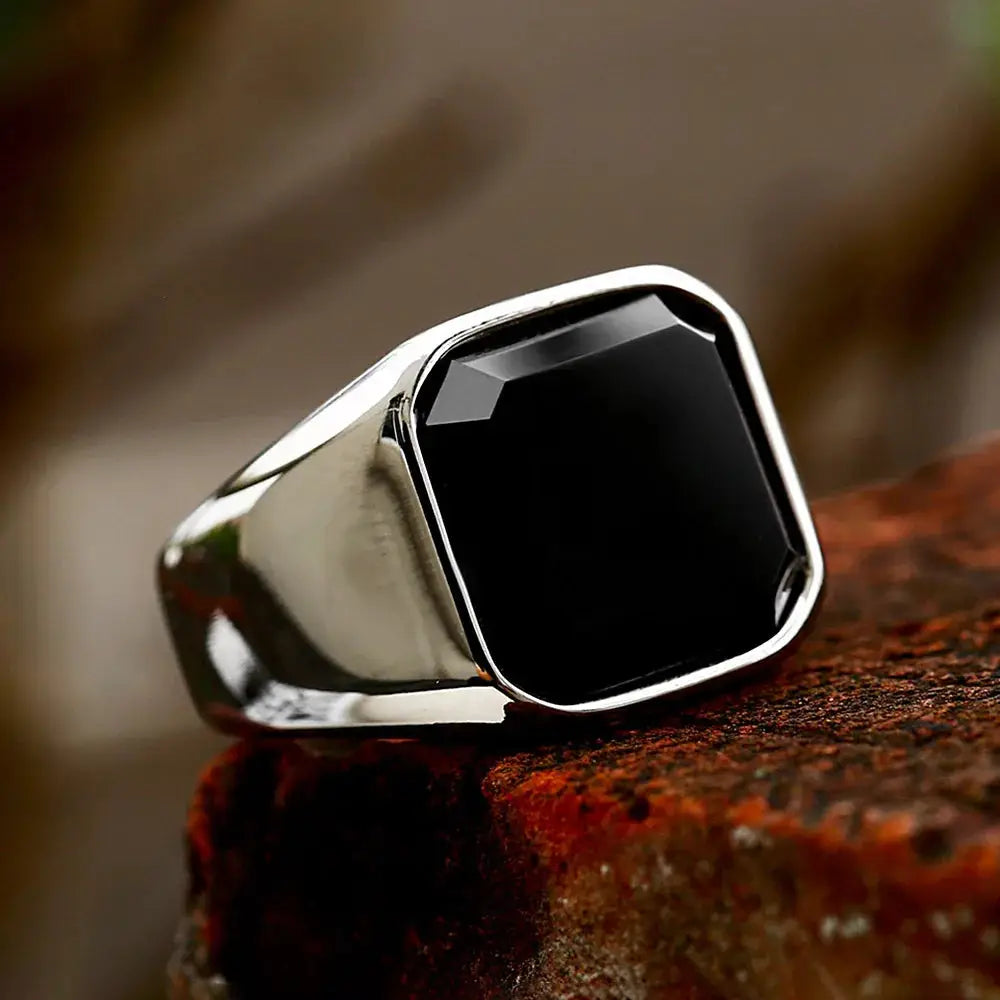 Bague Acier Inoxydable Zircon & Agate Noire NORTHMAN