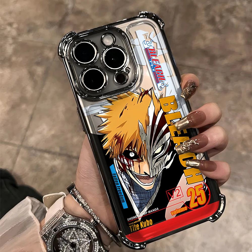 New HotAnime Cool BLEACH Plating Case For iPhone 16 15 14 13 12 11 Pro Max X XR XSMax 7 8 6 Plus Anti-Fall Airabag Back Cover TechVisio