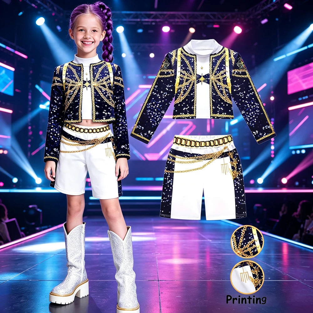 2026 Kids Girl Kpop Stage Performance Costume Hip Hop Outfit Cropped Jacket+Shorts 2PCS/Sets Streetwear Idol Concert Dance Party TechVisio