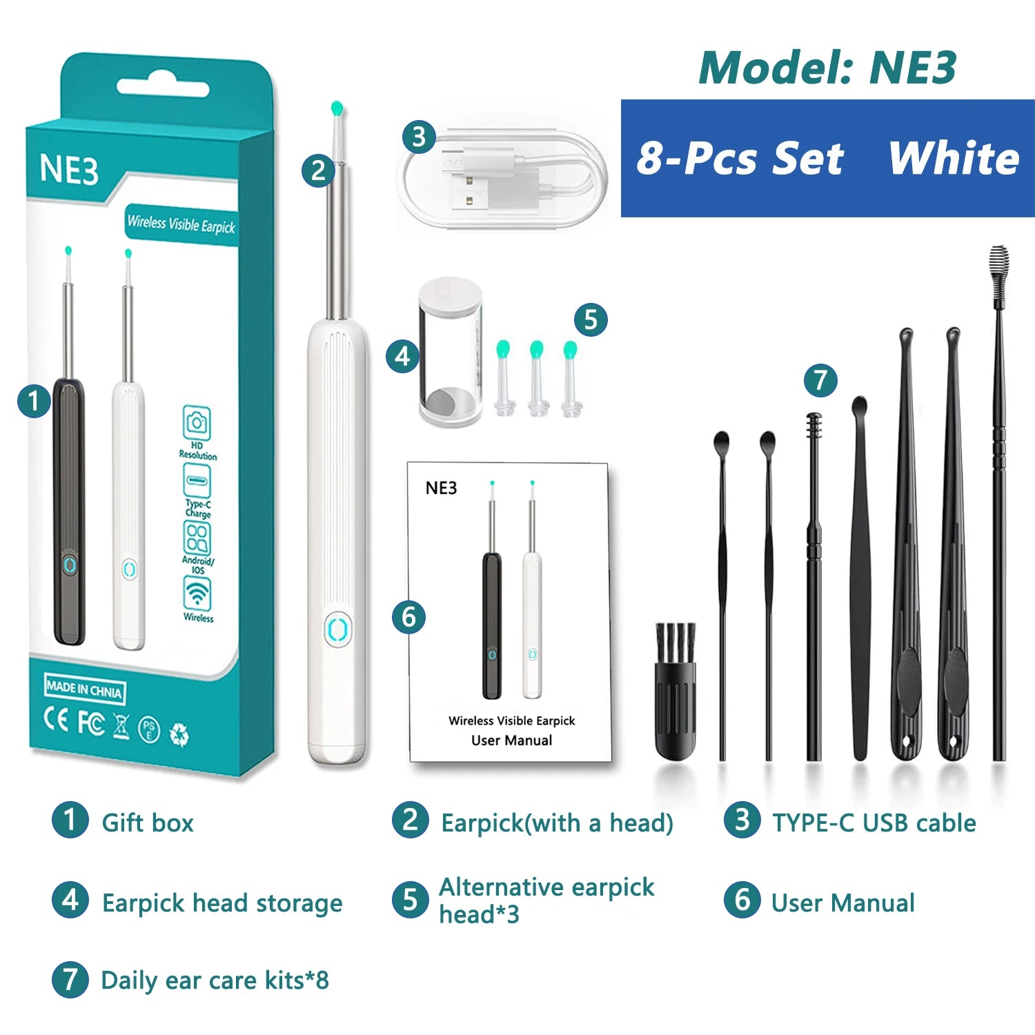 Nettoyeur d'Oreilles Visuel Connecté 1080P – WiFi, IP67, USB-C, Kit Complet