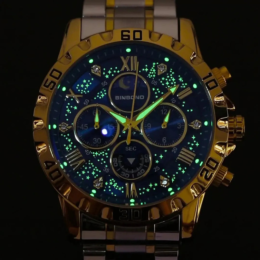 2026 Men Watch Light Luxury Business Steel Belt Moonphase Starry Night Light Waterproof Men's Fashion Quartz Clock Watches Gift TechVisio