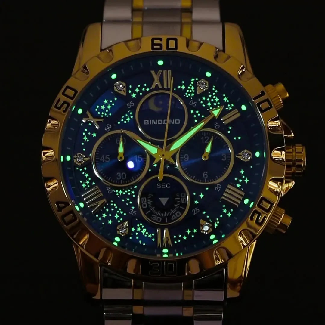 2026 Men Watch Light Luxury Business Steel Belt Moonphase Starry Night Light Waterproof Men's Fashion Quartz Clock Watches Gift TechVisio