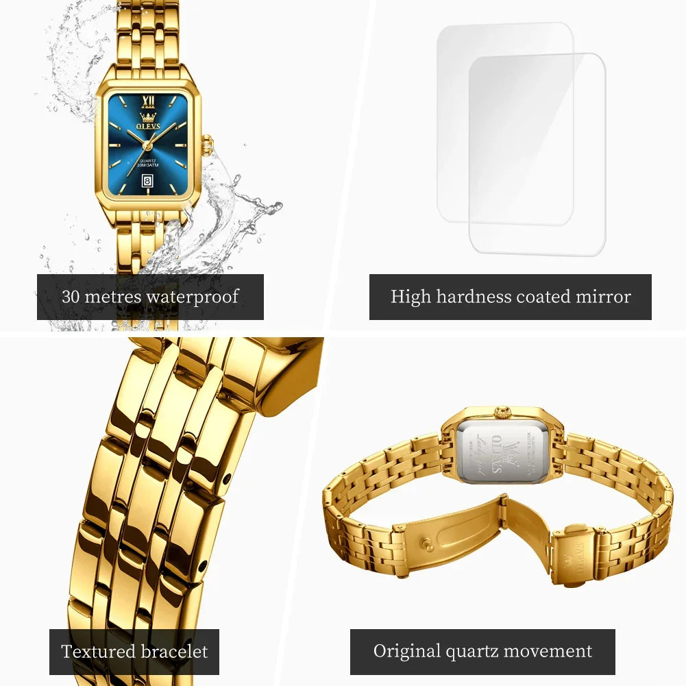 OLEVS Quartz Women's Watches Stainless Steel Square Small Gold Watch for Women Waterproof Auto Date Elegant Ladies Wristwatches TechVisio