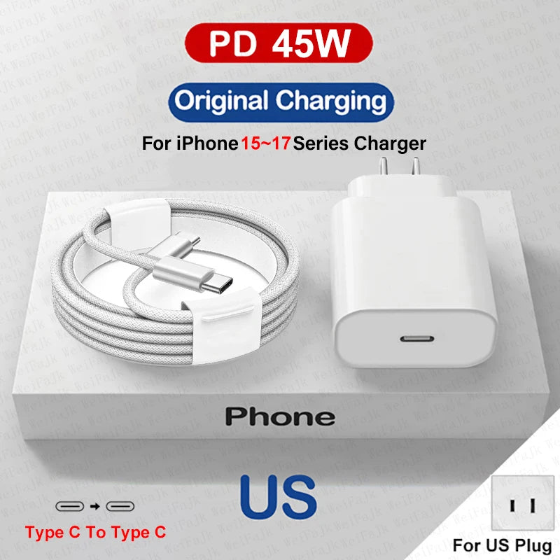 Câble & Chargeur USB-C Rapide 45W – Compatible iPhone 17→11, Samsung, Xiaomi | GaN PD QC