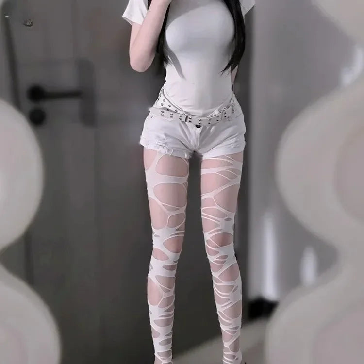 Punk Hollow Fishnet Stockings for Women Spider Web Torn Strap Holes Tights Girls Lolita Ragged Pantyhose Party Socks Pantyhose TechVisio