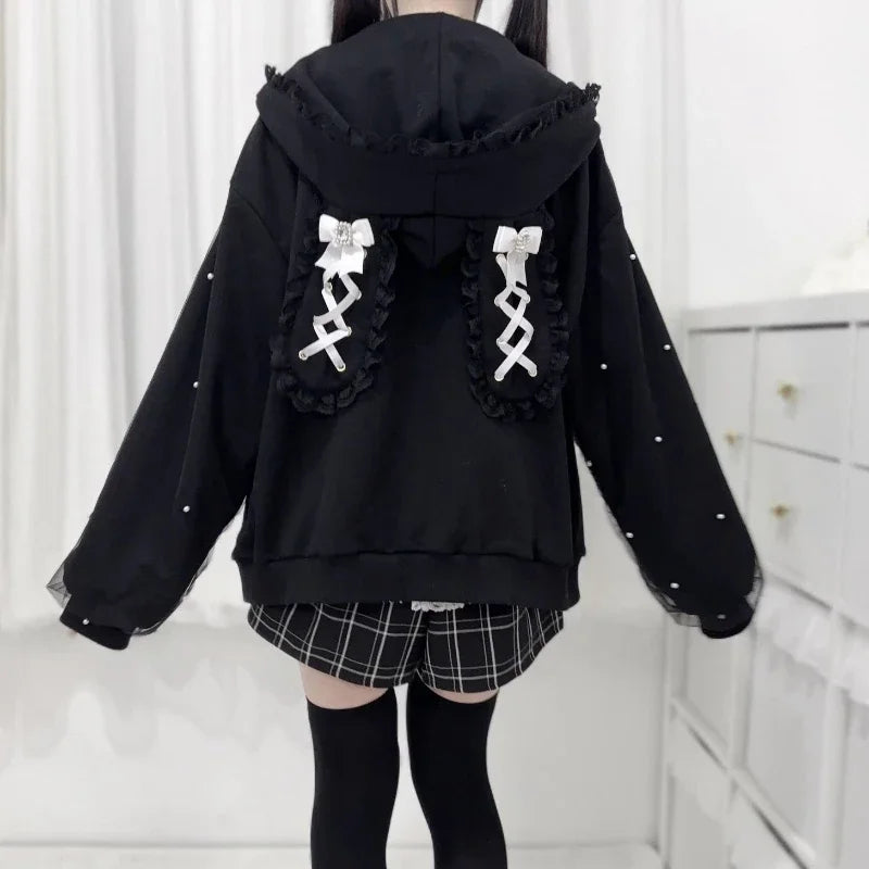 Japanese Pearl Gauze Patchwork Coats Women Y2k Aesthetic Lace Rabbit's Ears Jackets Casual Oversized Harajuku Kawaii Hoodies Top TechVisio