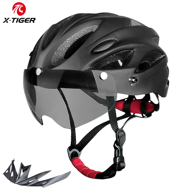 X-TIGER Adult Bike Helmet with LED Rear Light Dual Mode Goggle Cycling Helmet Fit 58-62cm Lightweight Breathable Bicycle Helmets TechVisio