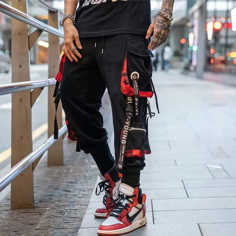 Classic Streetwear Hip Hop Joggers Men Letter Ribbons Cargo Pants Pockets Track Tactical Casual Male Trousers Sweatpant KZ99 TechVisio