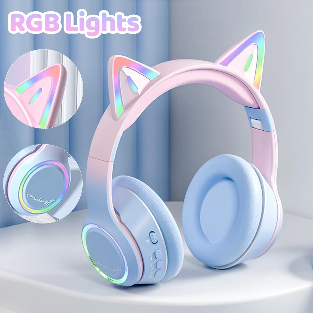 Casque Bluetooth Oreilles de Chat RGB – LED, Micro, Pliable, 4 Coloris