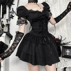 Goth Dark Gothic Lace Trim Puff Sleeve A-line Mini Dress Women Outfits Embellished Square Neck Dresses Bandage Lace Up Halloween TechVisio