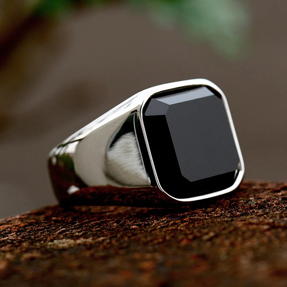 Bague Acier Inoxydable Zircon & Agate Noire – Unisexe