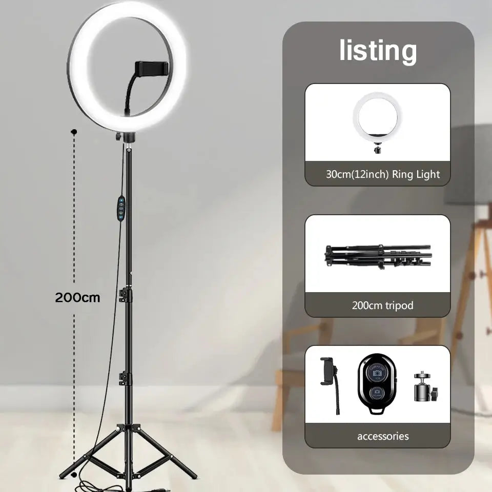 Kit Ring Light LED TechVisio – 10"/12" | Trépied 200cm | 3 Modes | USB TechVisio