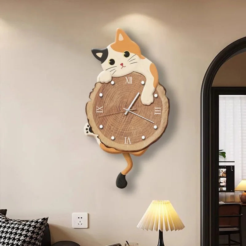 Cartoon Cat Wall Clock Creative Cat Tail Swing Wall Clock Quartz Mute Wall Clock Home Decoration Living Room Bedroom Decoration TechVisio