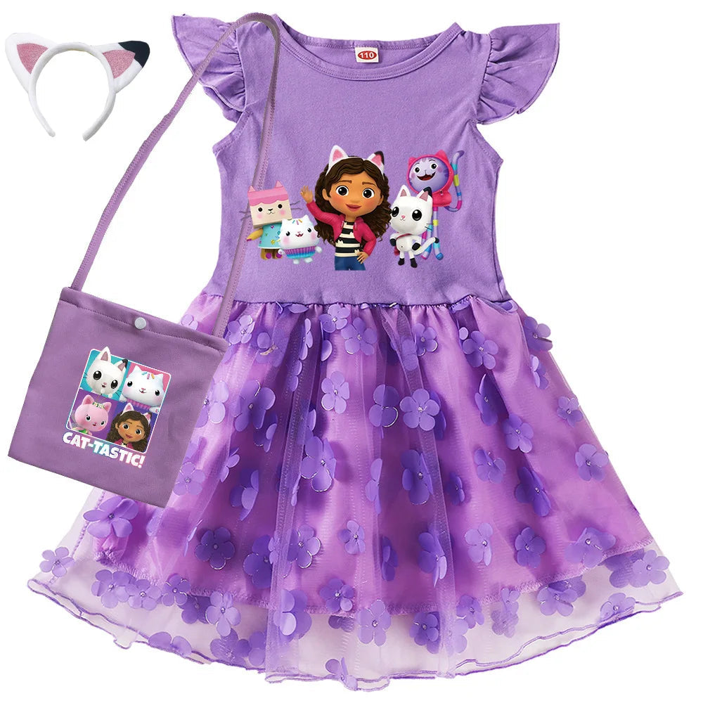 Vestidos Gabbys Dollhouse Costume Kids Cartoon Gabby Chat Dress Baby Girls Summer Short Sleeve Casual Dresses and Bag & Headband TechVisio