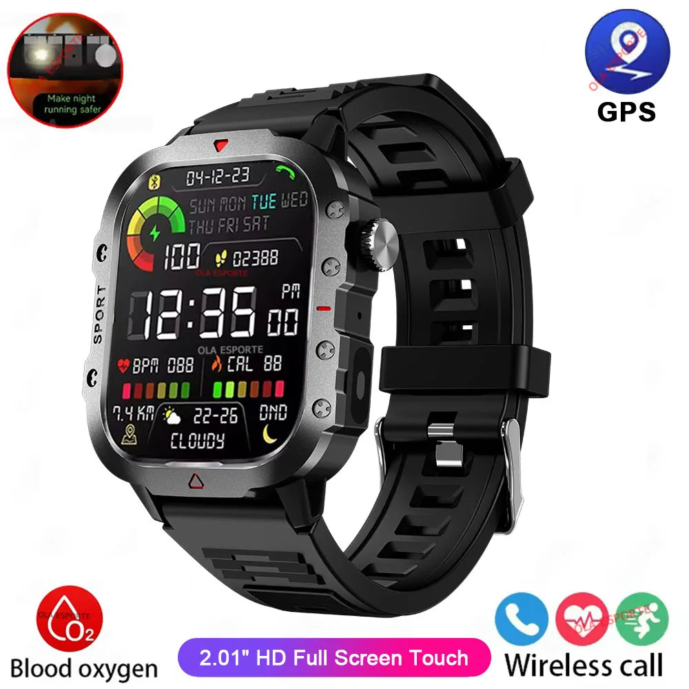 2026 Rugged Military Smart Watch Men's Outdoor Watch LED Flashlight 2.01'' HD Touch Screen Voice Bluetooth Call Smartwatch Gifts TechVisio