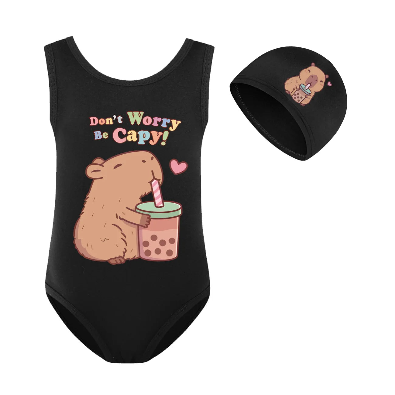Cute Capybara Loves Bubble Tea Clothes Kids Summer Swimwear Baby Girls Once Piece Swimsuit & Cap Children Vacation Bikini suits TechVisio